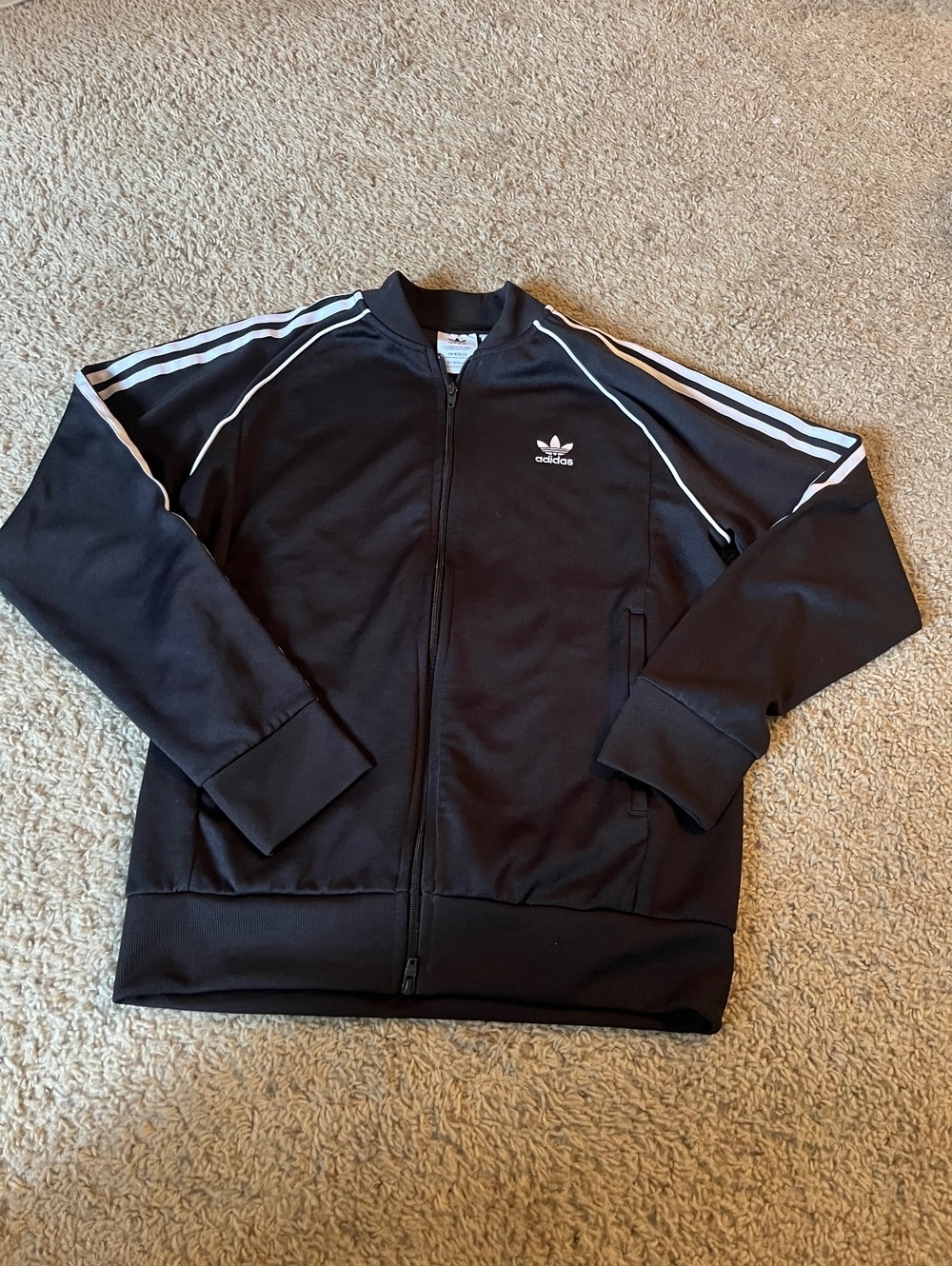 Adidas Primeblue Black Track Jacket with White Stripes, Size Large